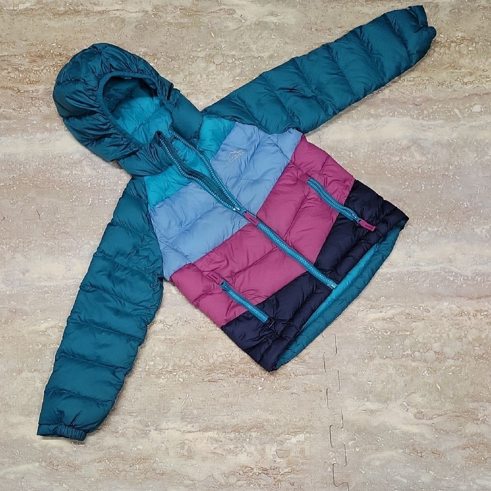 L.L. Bean Kids Colorblock Puffer Jacket in Teal, Light Blue, Magenta & Navy